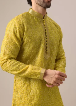 Yellow Organza Embroidered Kurta And Dola Silk Pant Set