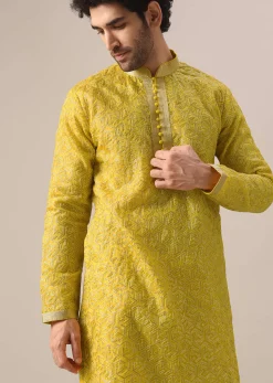 Yellow Organza Embroidered Kurta And Dola Silk Pant Set