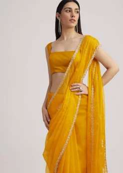 Yellow Organza Saree With Cutdana Embroidery