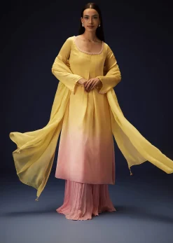 Yellow Orgnaza Kurta Palazzo Suit With Bell Bottom Pants