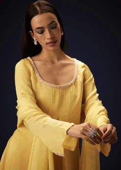 Yellow Orgnaza Kurta Palazzo Suit With Bell Bottom Pants