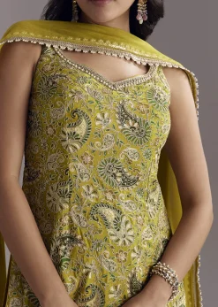 Yellow Paisley Print Sharara Set With Zari Embroidery