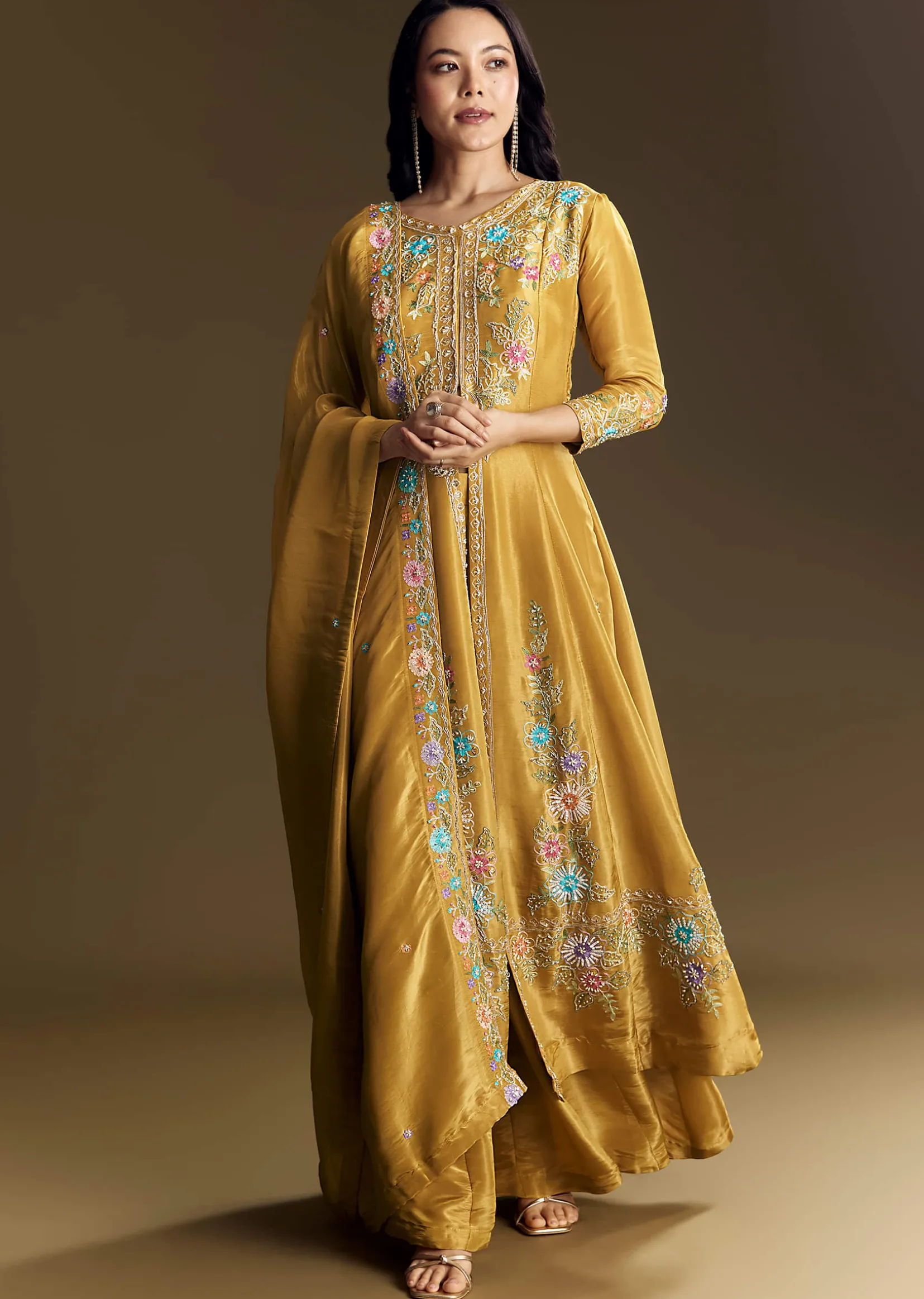 Yellow Palazzo Suit With Resham Kurta Dupatta