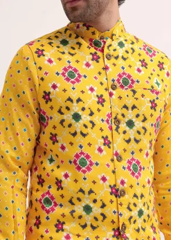 Yellow Patola Printed Kurta Jacket Set For Men