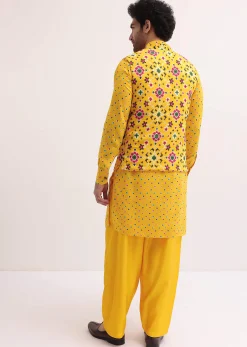Yellow Patola Printed Kurta Jacket Set For Men