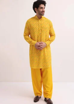 Yellow Patola Printed Kurta Jacket Set For Men