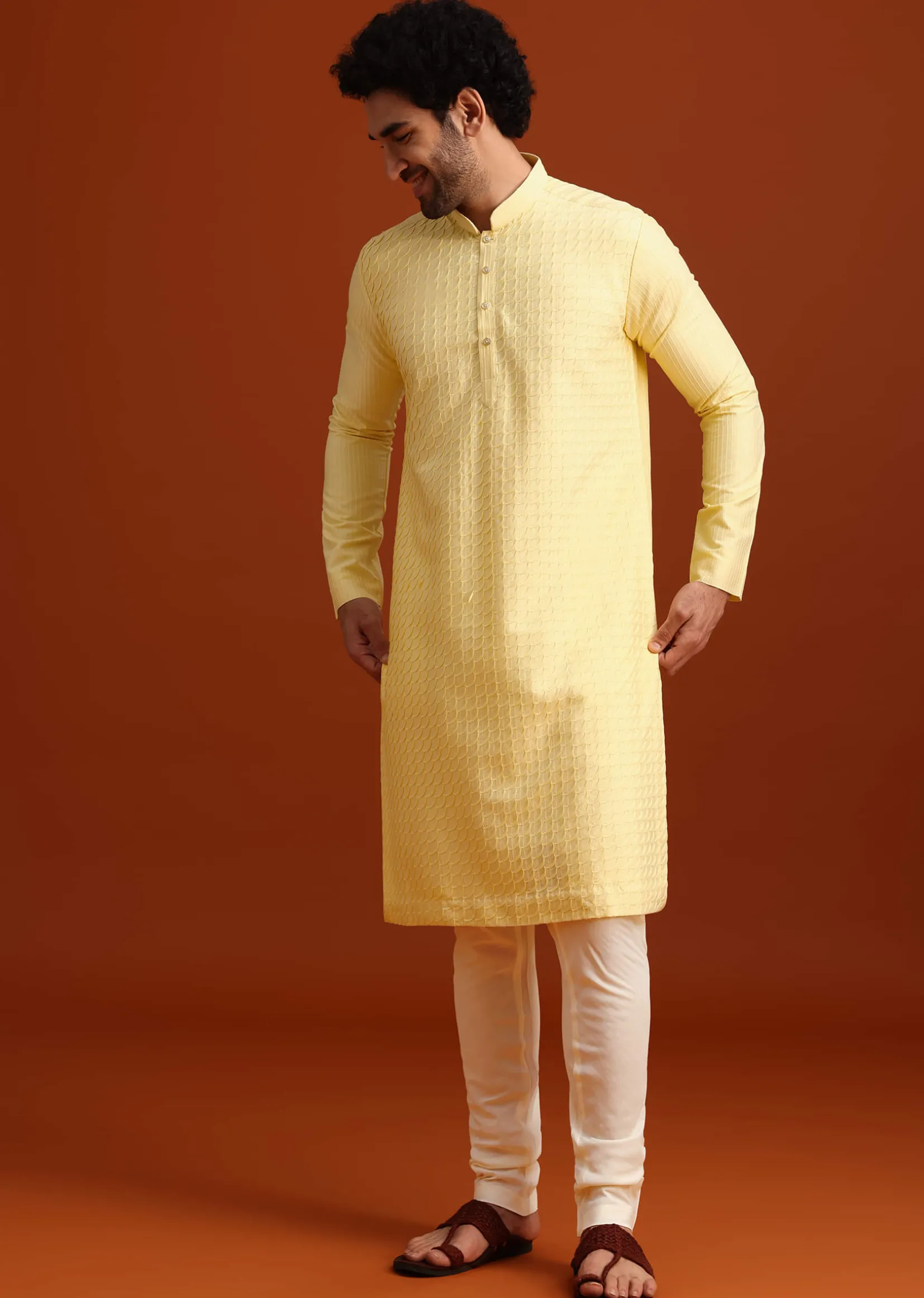 Yellow Poly Silk Quilted Kurta Set