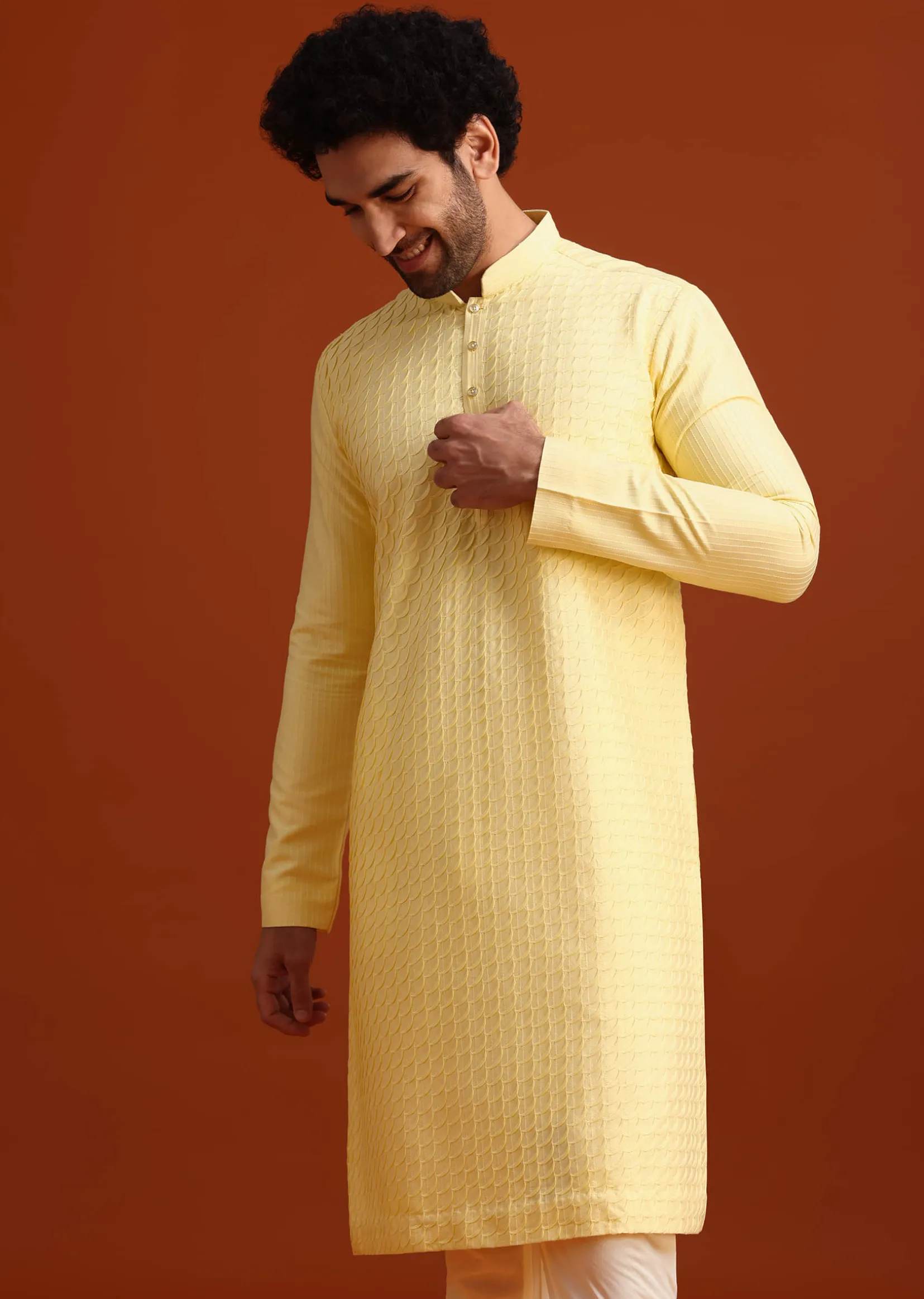 Yellow Poly Silk Quilted Kurta Set