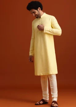 Yellow Poly Silk Quilted Kurta Set