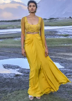 Yellow Pre Draped Skirt With Embroidered Corset Blouse And Cape