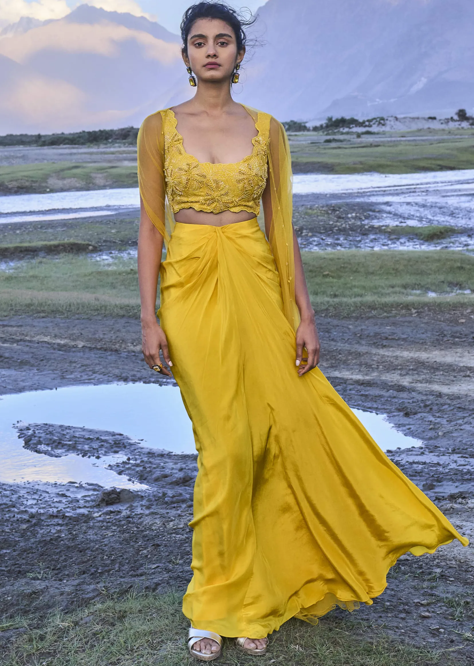 Yellow Pre Draped Skirt With Embroidered Corset Blouse And Cape