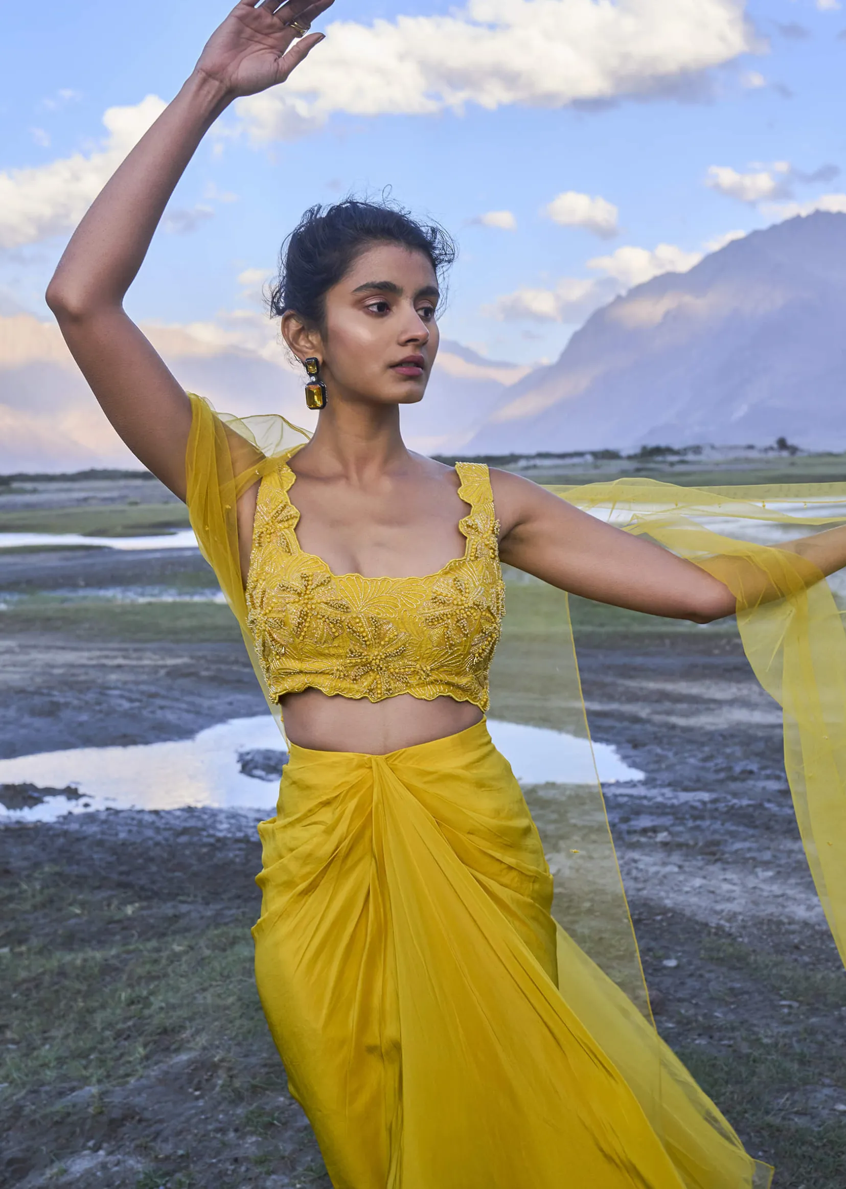 Yellow Pre Draped Skirt With Embroidered Corset Blouse And Cape