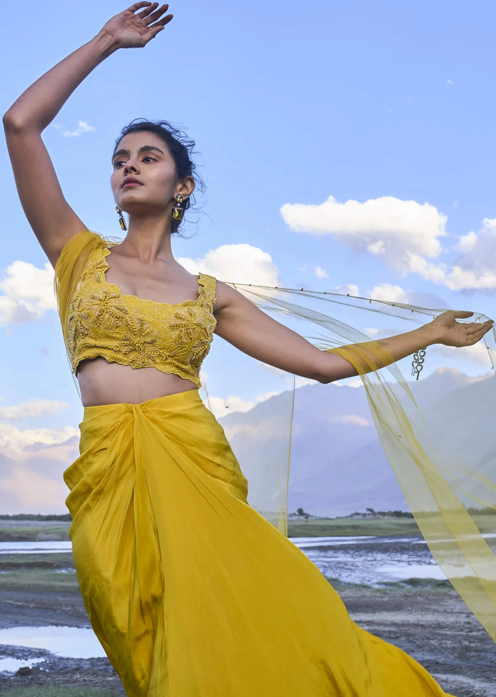 Yellow Pre Draped Skirt With Embroidered Corset Blouse And Cape
