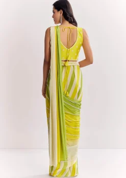 Yellow Pre Stitched Saree With Striped Print And Moti Cutdana Blouse