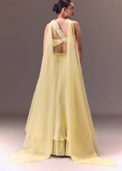 Yellow Pre-Pleated One Shoulder Blouse With Frill Lehenga And Choker Dupatta