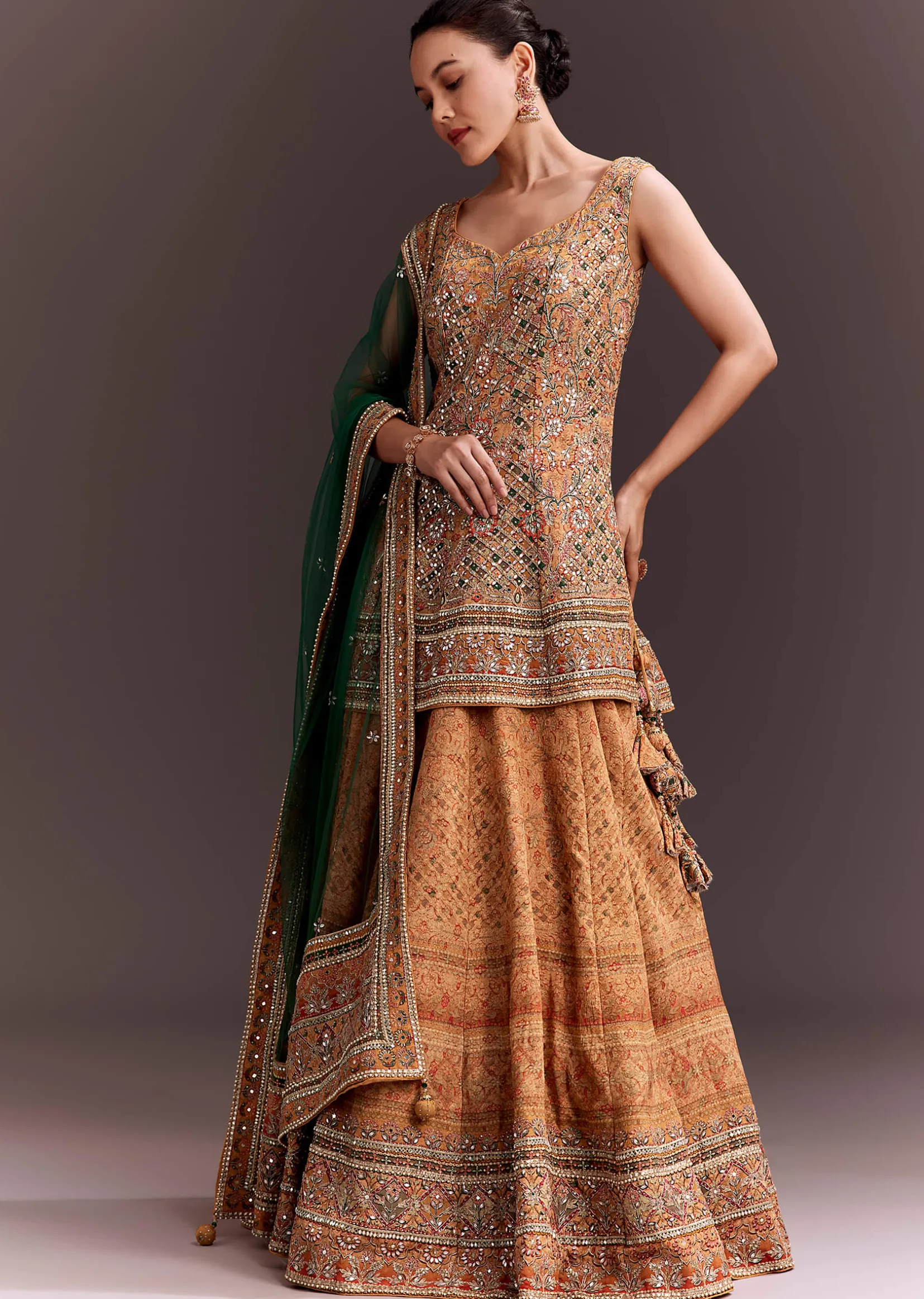 Yellow Printed and Mirror Embroidered Lehenga Set