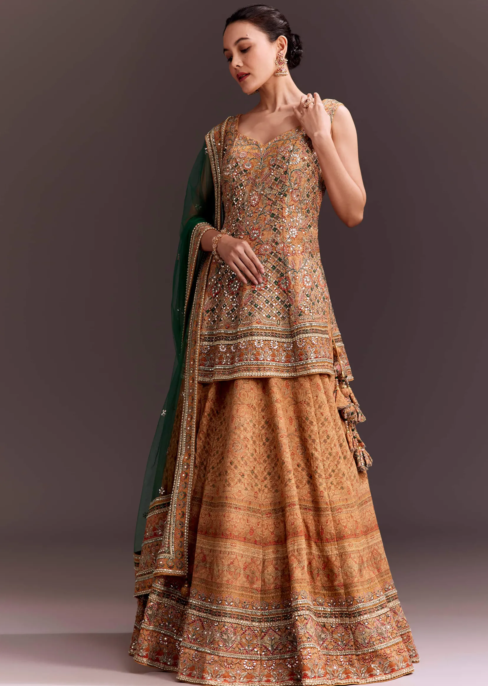 Yellow Printed and Mirror Embroidered Lehenga Set