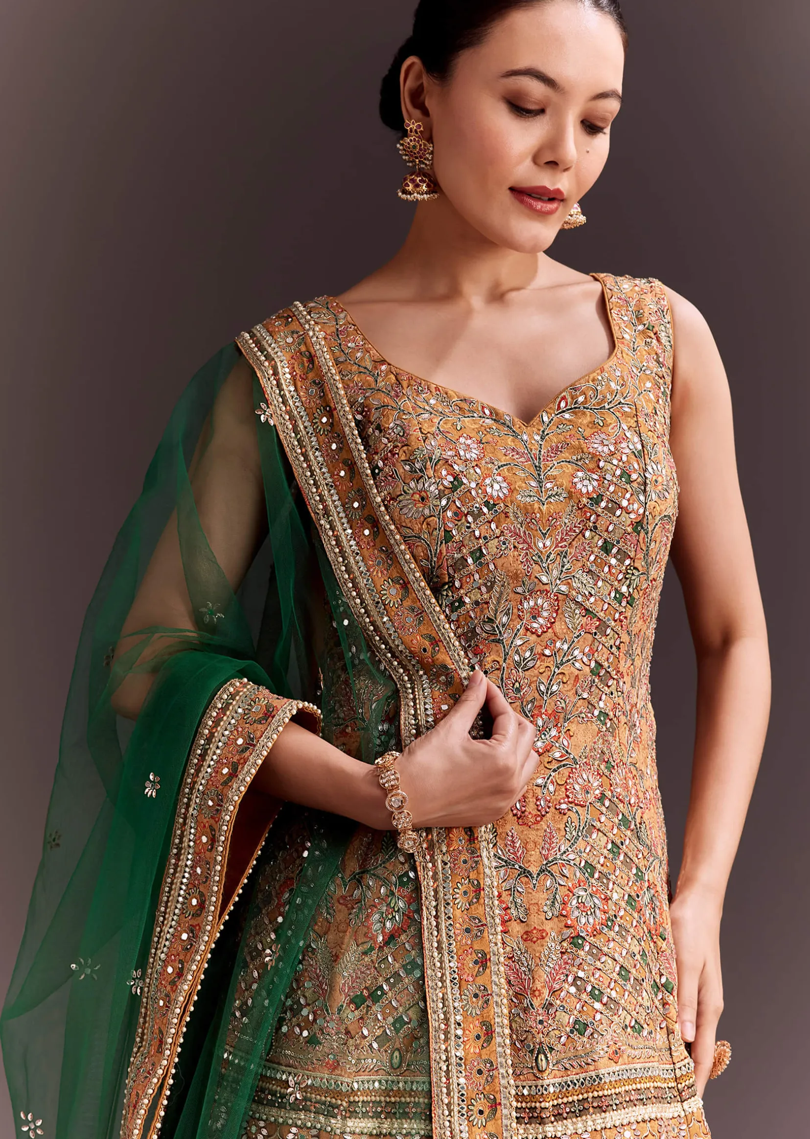 Yellow Printed and Mirror Embroidered Lehenga Set