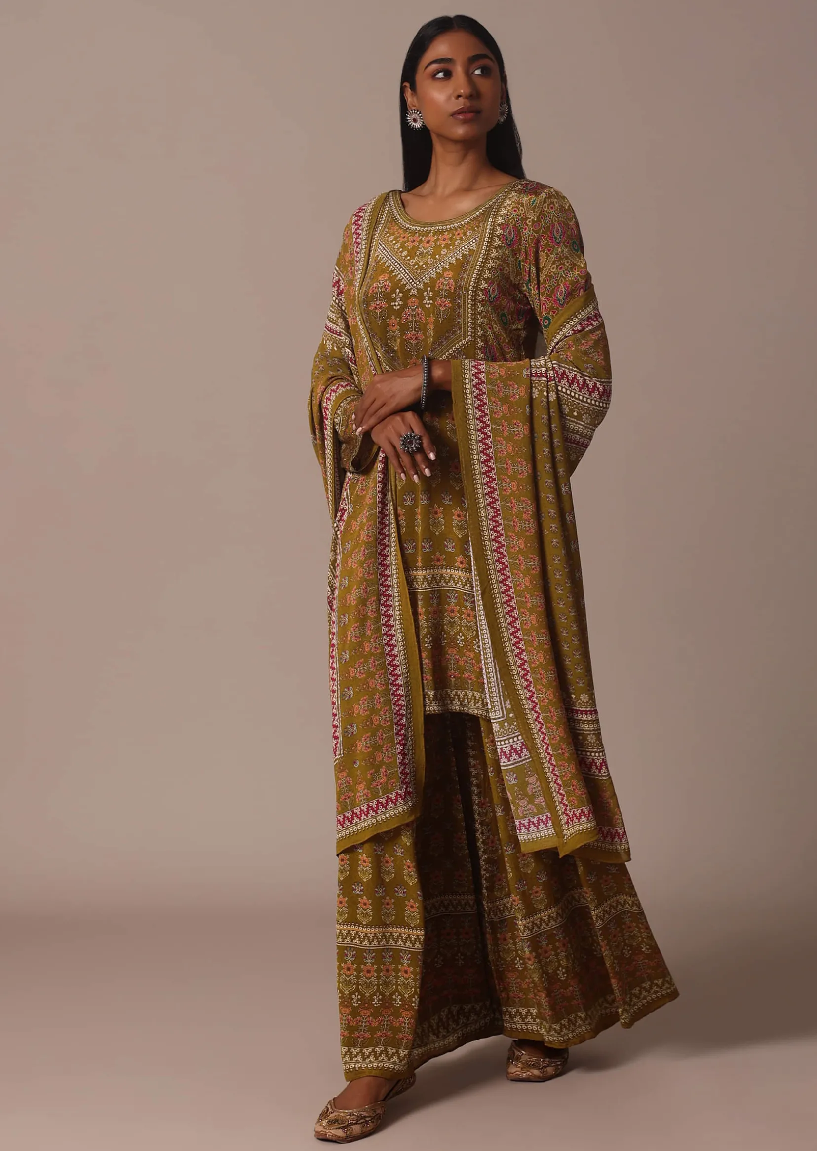 Yellow Printed Chiffon Sharara Set With Stone Work Kurta