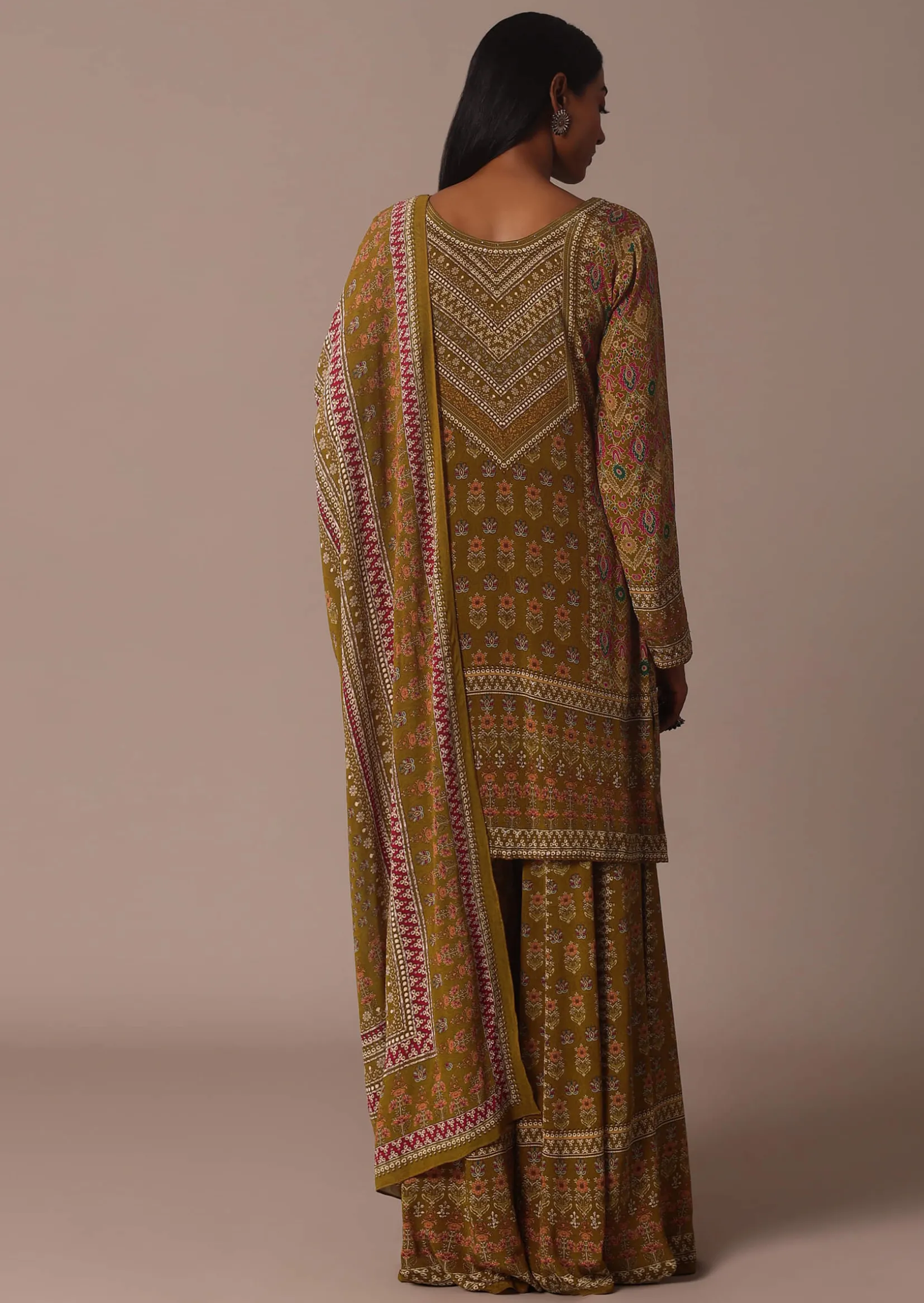 Yellow Printed Chiffon Sharara Set With Stone Work Kurta