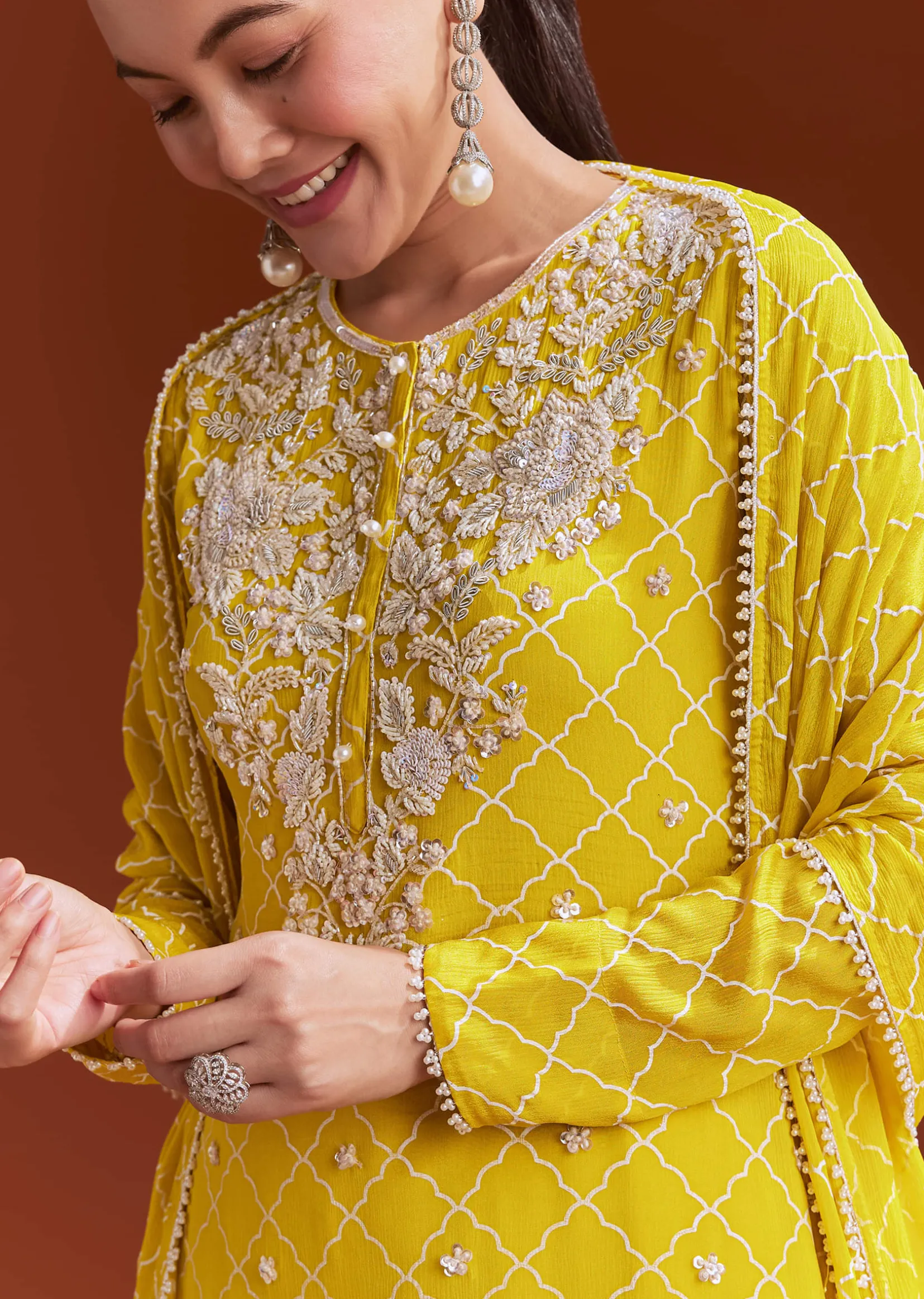Yellow Printed Chinon Sharara Set With Cut Dana And Sequins
