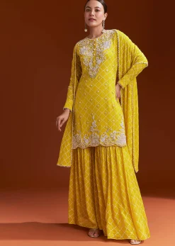 Yellow Printed Chinon Sharara Set With Cut Dana And Sequins
