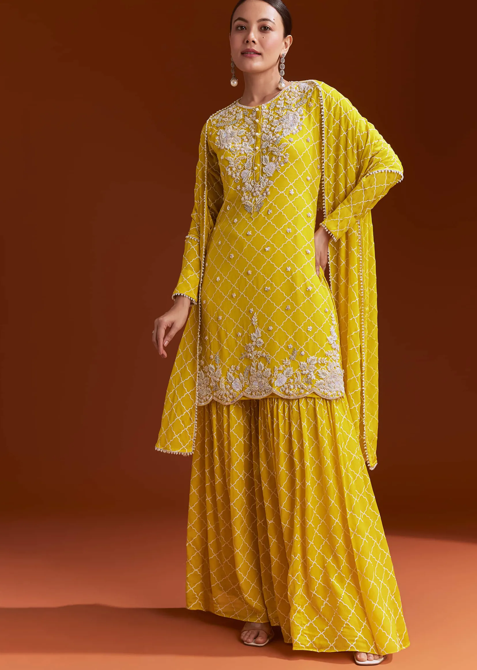 Yellow Printed Chinon Sharara Set With Cut Dana And Sequins