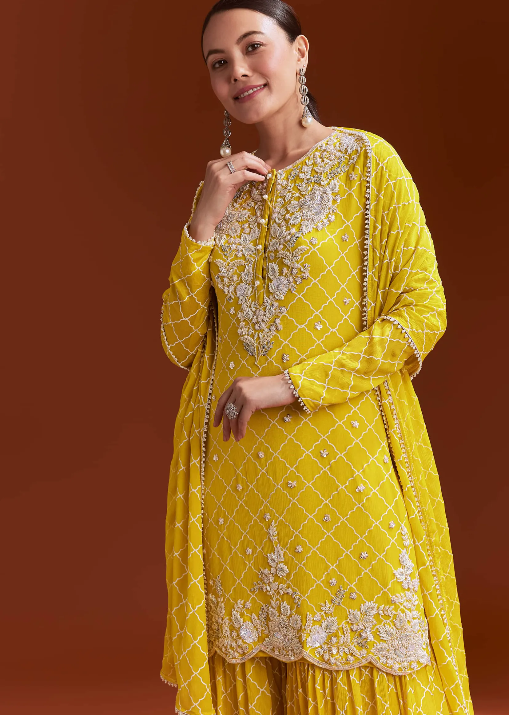 Yellow Printed Chinon Sharara Set With Cut Dana And Sequins