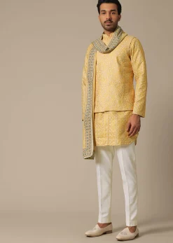 Yellow Printed Cotton Jacket Set