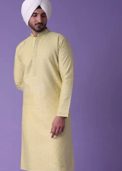 Yellow Printed Kurta Set In Silk With Zari Work