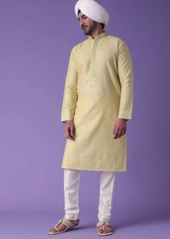 Yellow Printed Kurta Set In Silk With Zari Work