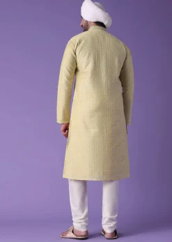 Yellow Printed Kurta Set In Silk With Zari Work