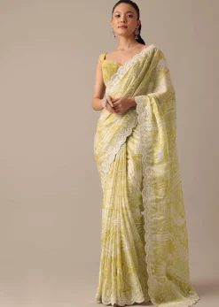 Yellow Printed Satin Saree With Embroidered Detail And Unstitched Blouse Piece