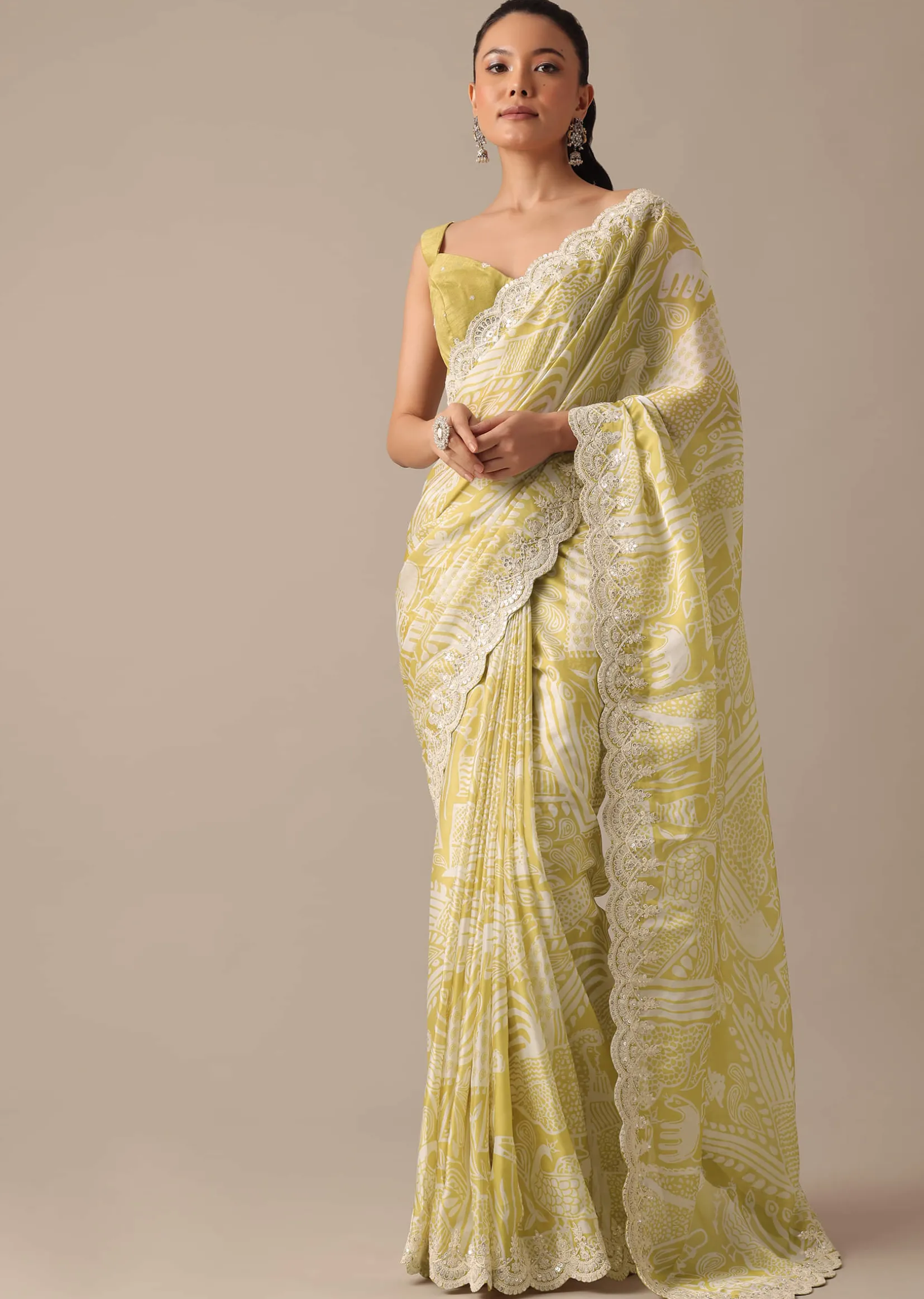 Yellow Printed Satin Saree With Embroidered Detail And Unstitched Blouse Piece