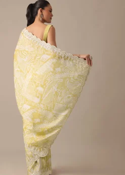 Yellow Printed Satin Saree With Embroidered Detail And Unstitched Blouse Piece