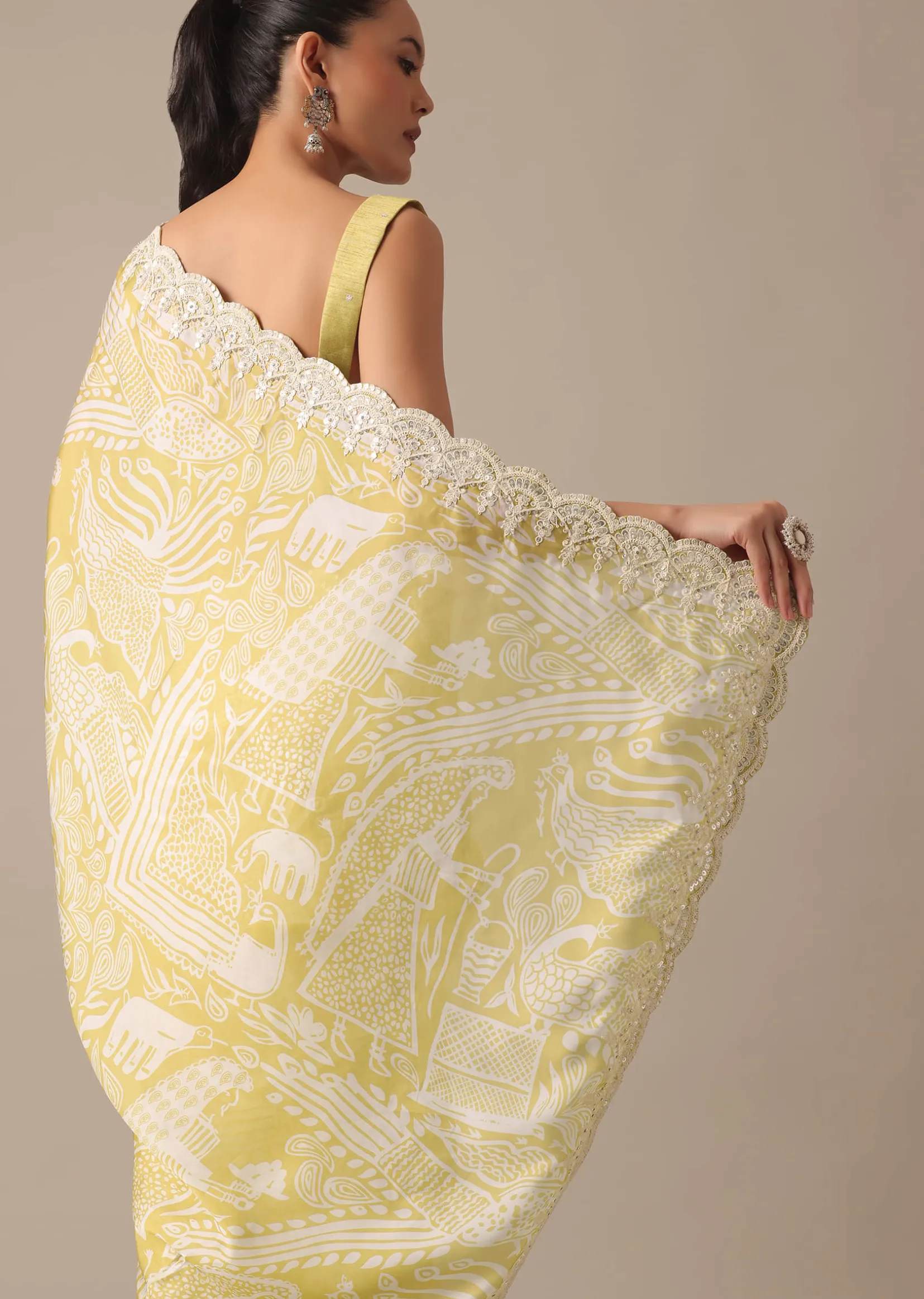Yellow Printed Satin Saree With Embroidered Detail And Unstitched Blouse Piece
