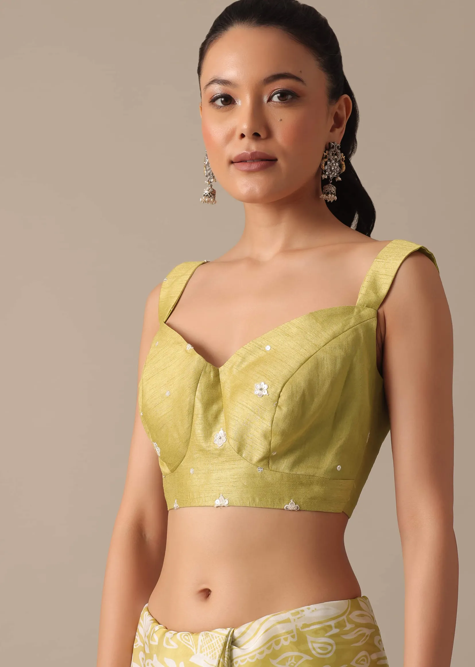 Yellow Printed Satin Saree With Embroidered Detail And Unstitched Blouse Piece