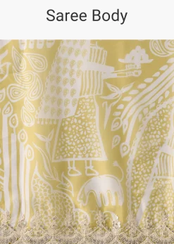 Yellow Printed Satin Saree With Embroidered Detail And Unstitched Blouse Piece