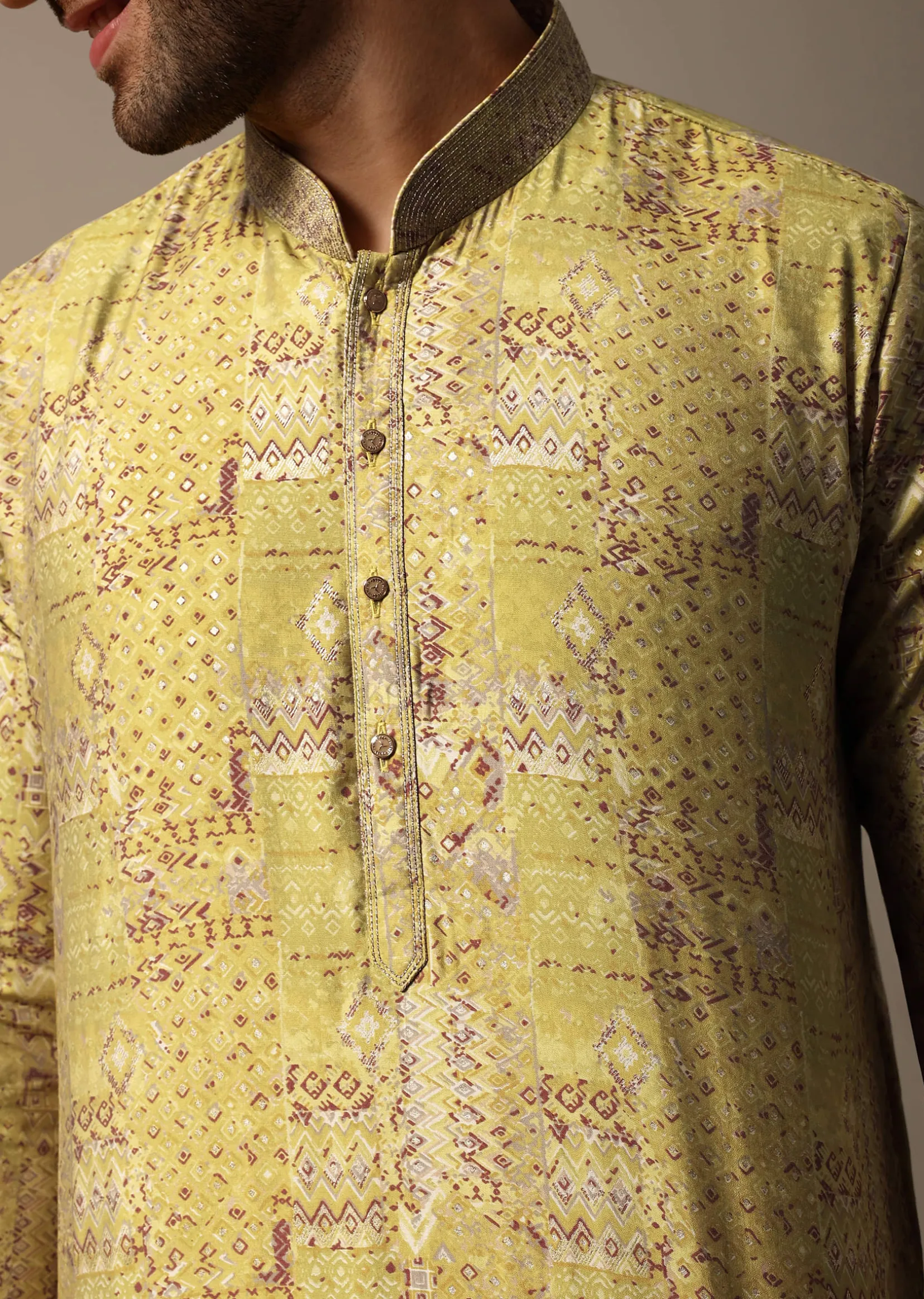 Yellow Printed Silk Kurta Set For Men