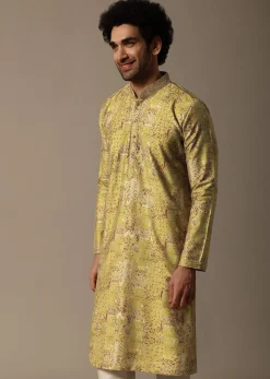Yellow Printed Silk Kurta Set For Men