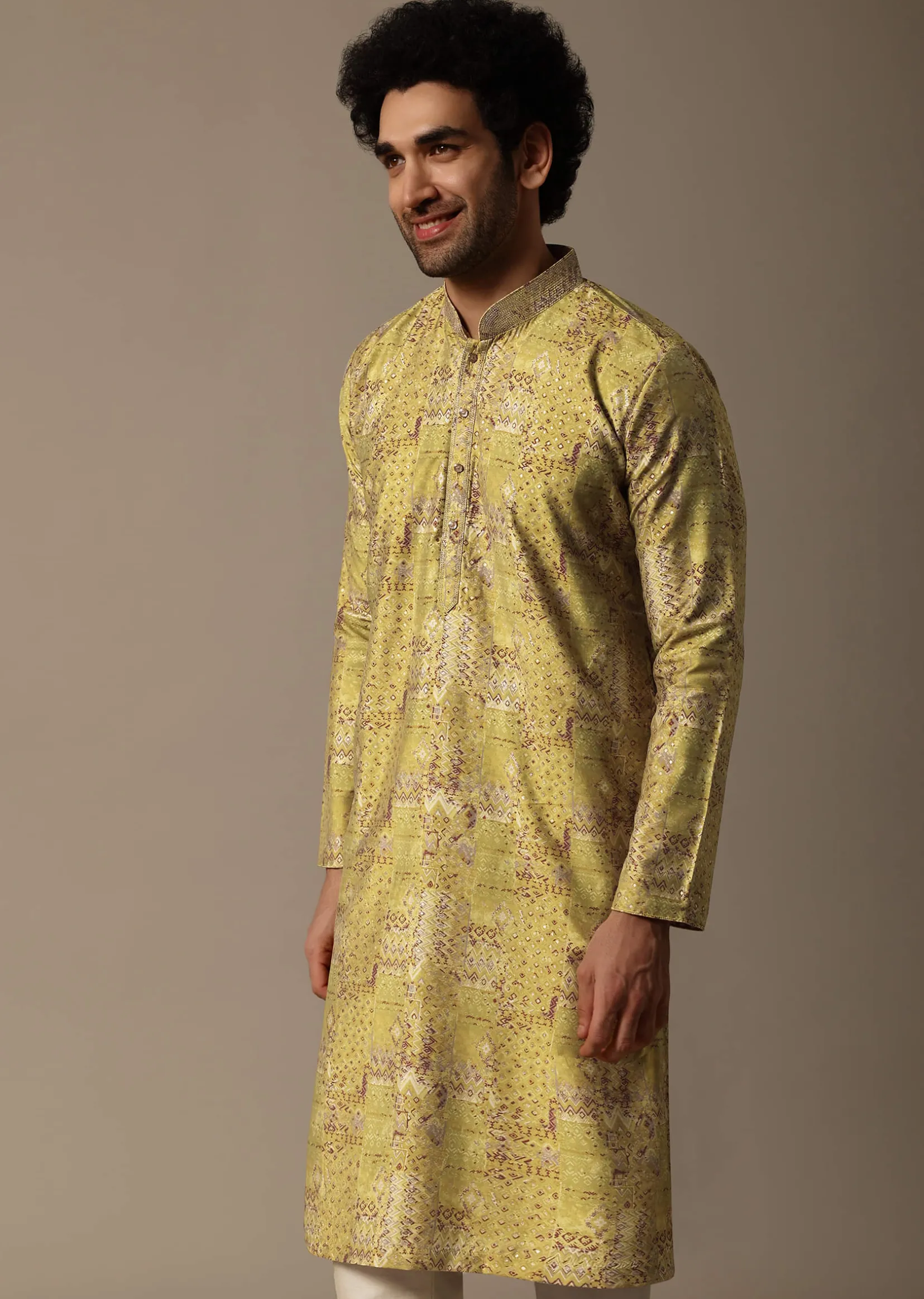 Yellow Printed Silk Kurta Set For Men