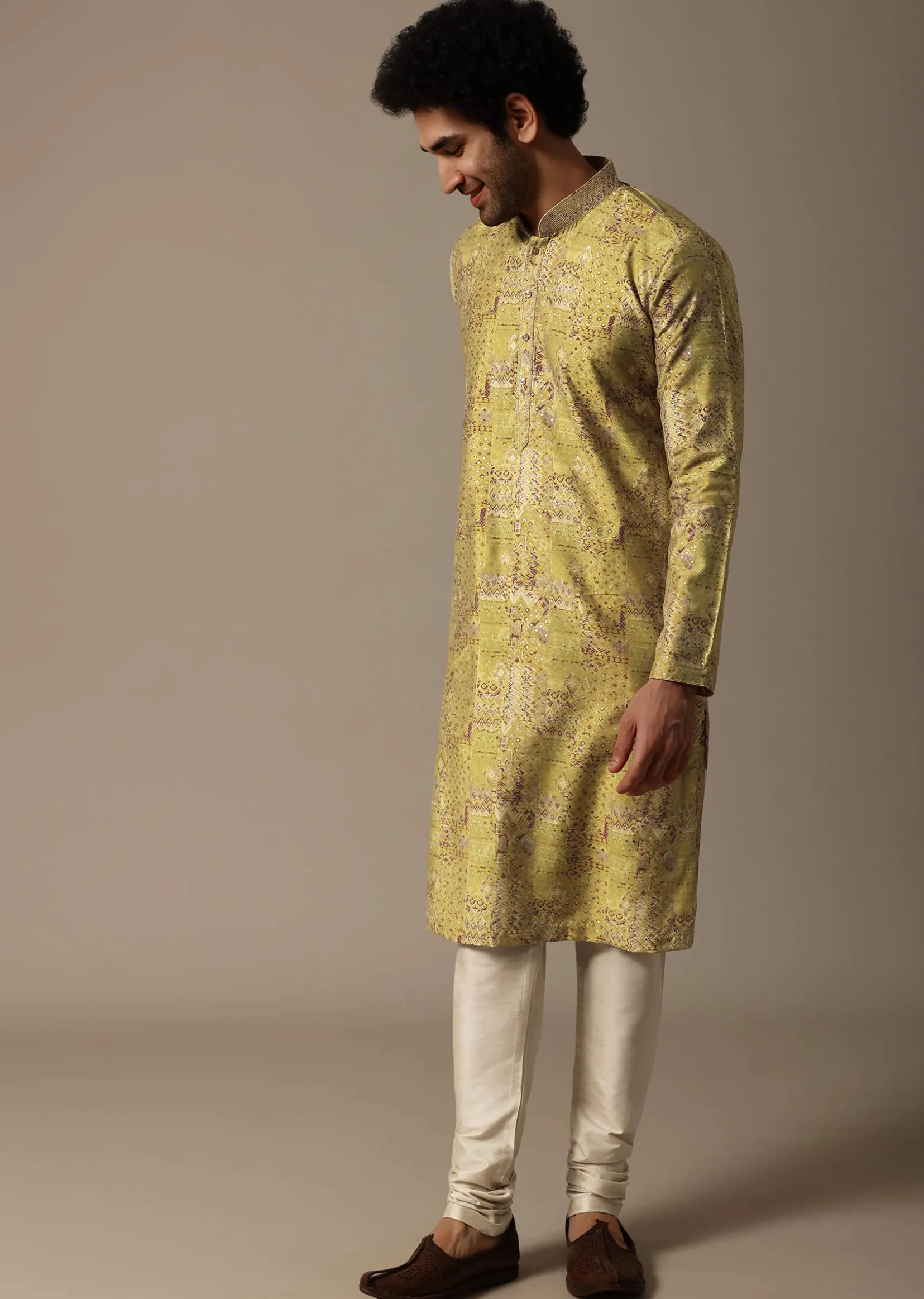 Yellow Printed Silk Kurta Set For Men