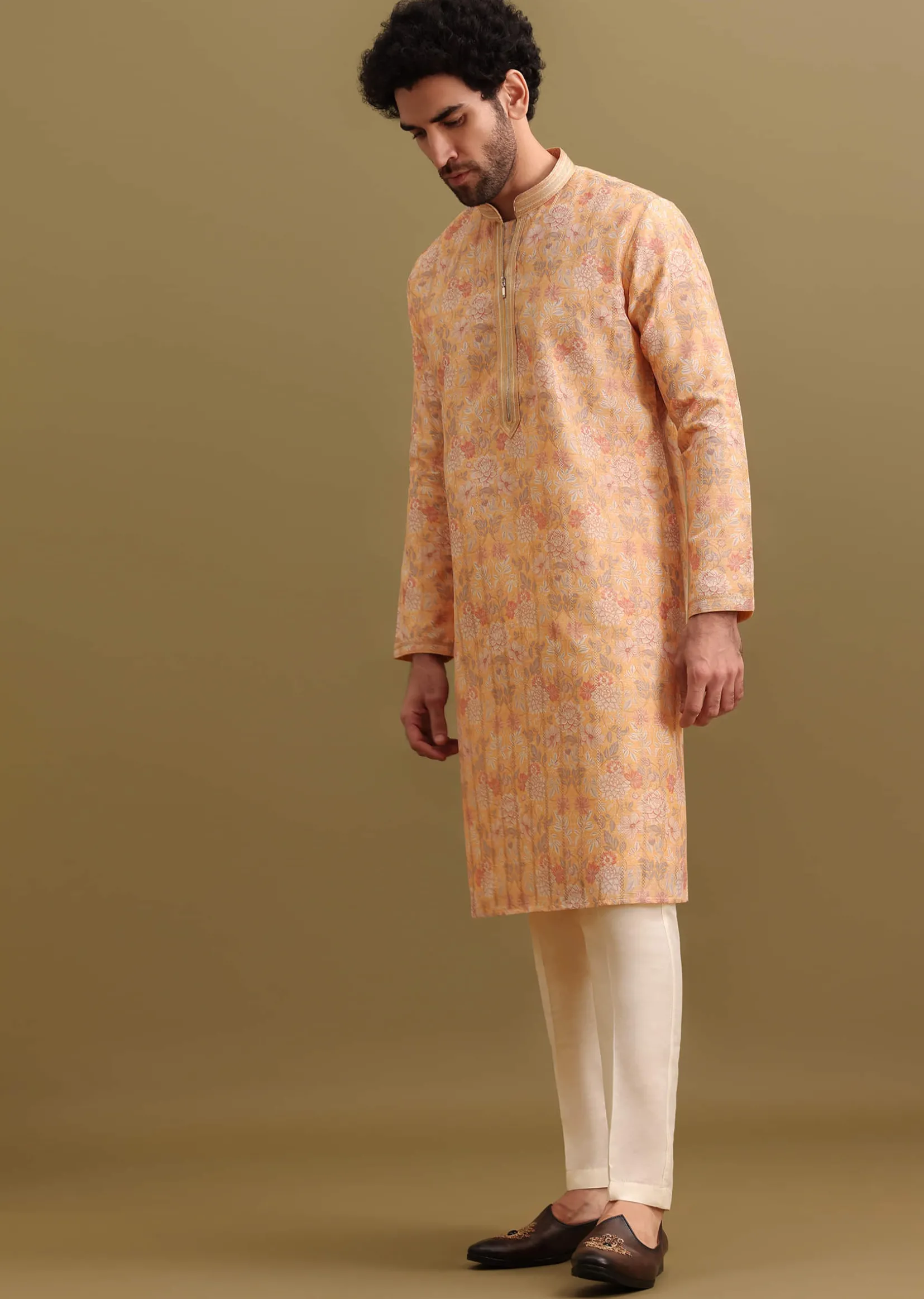 Yellow Printed Silk Zipper Kurta Set For Men