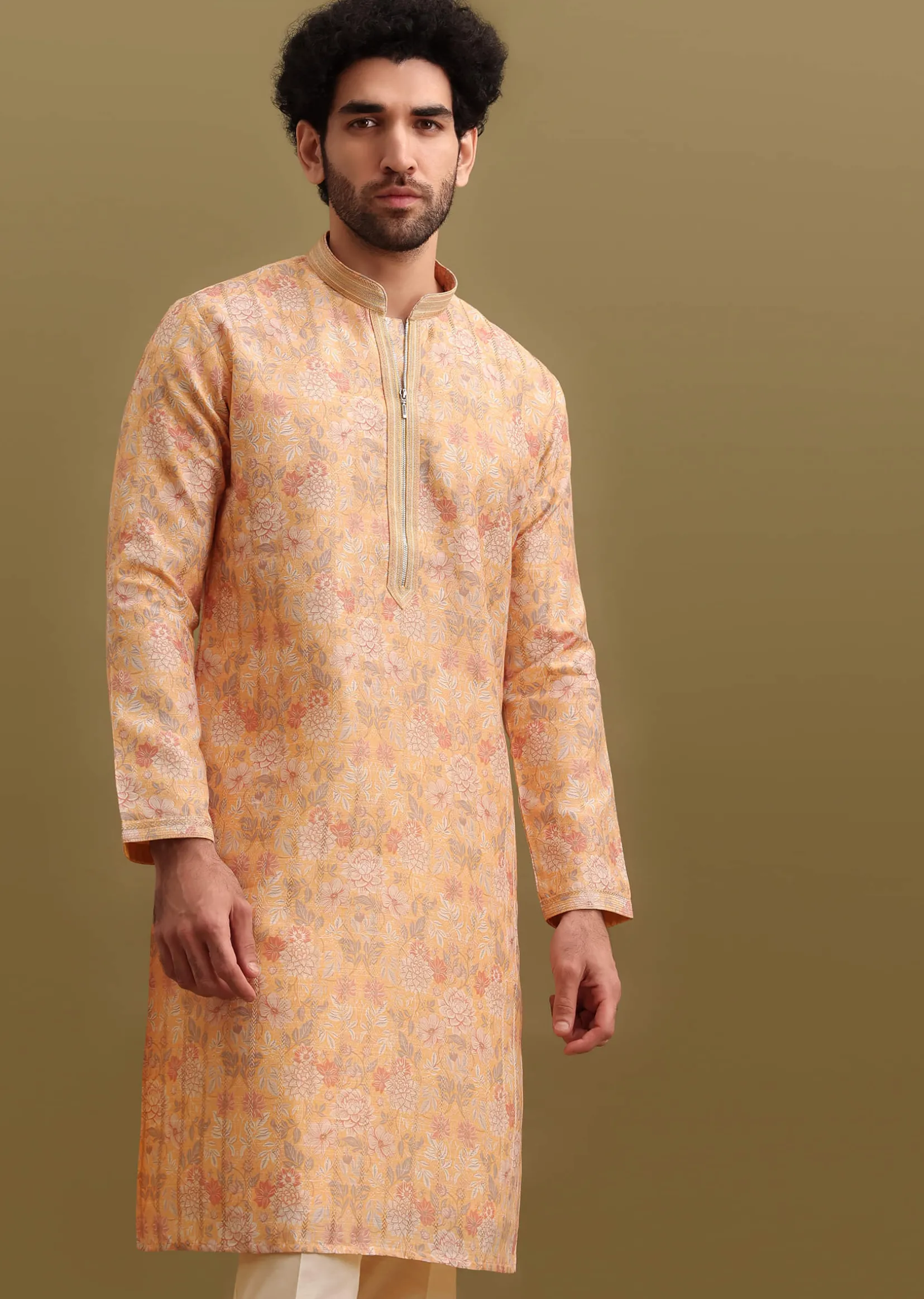 Yellow Printed Silk Zipper Kurta Set For Men