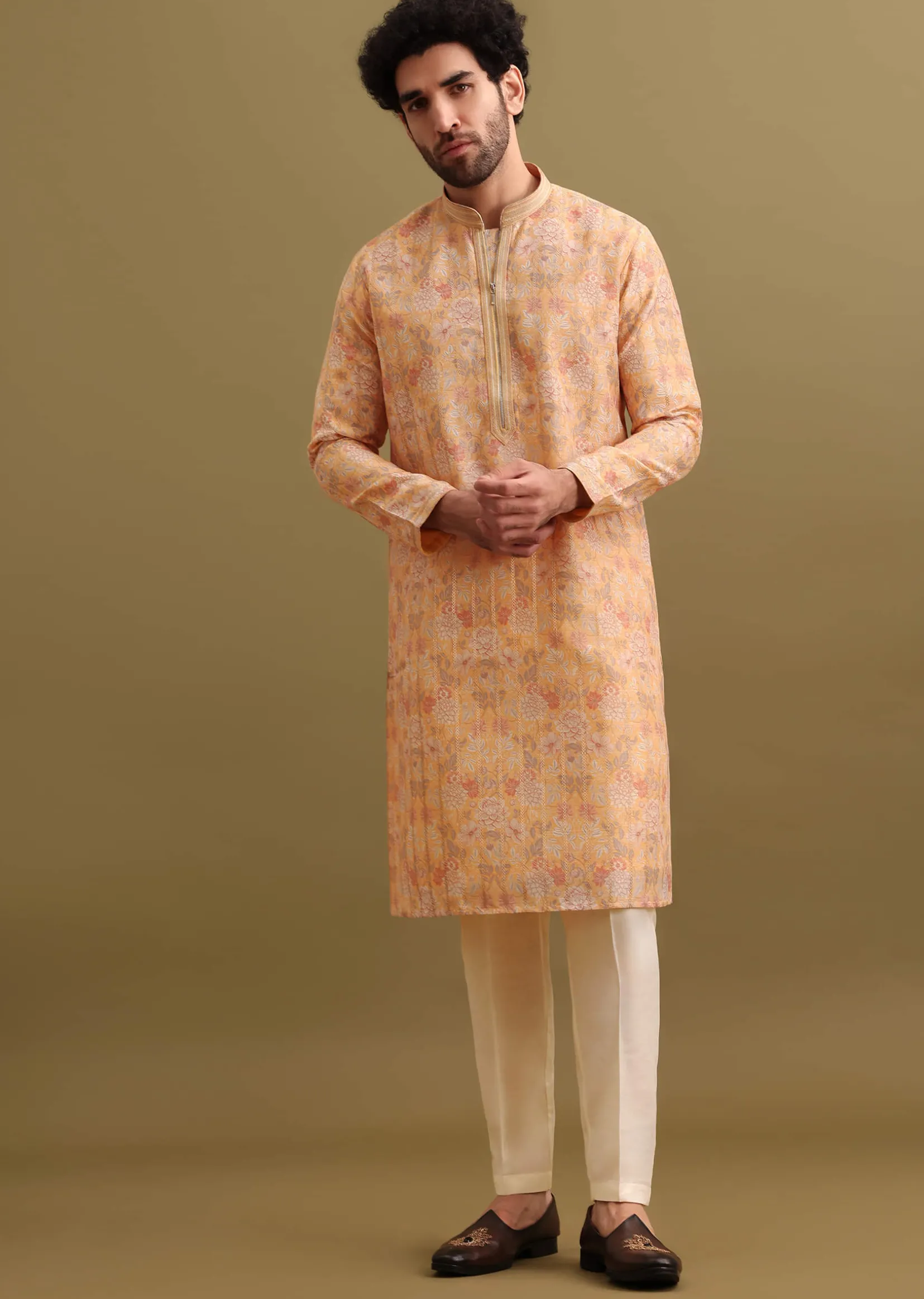 Yellow Printed Silk Zipper Kurta Set For Men