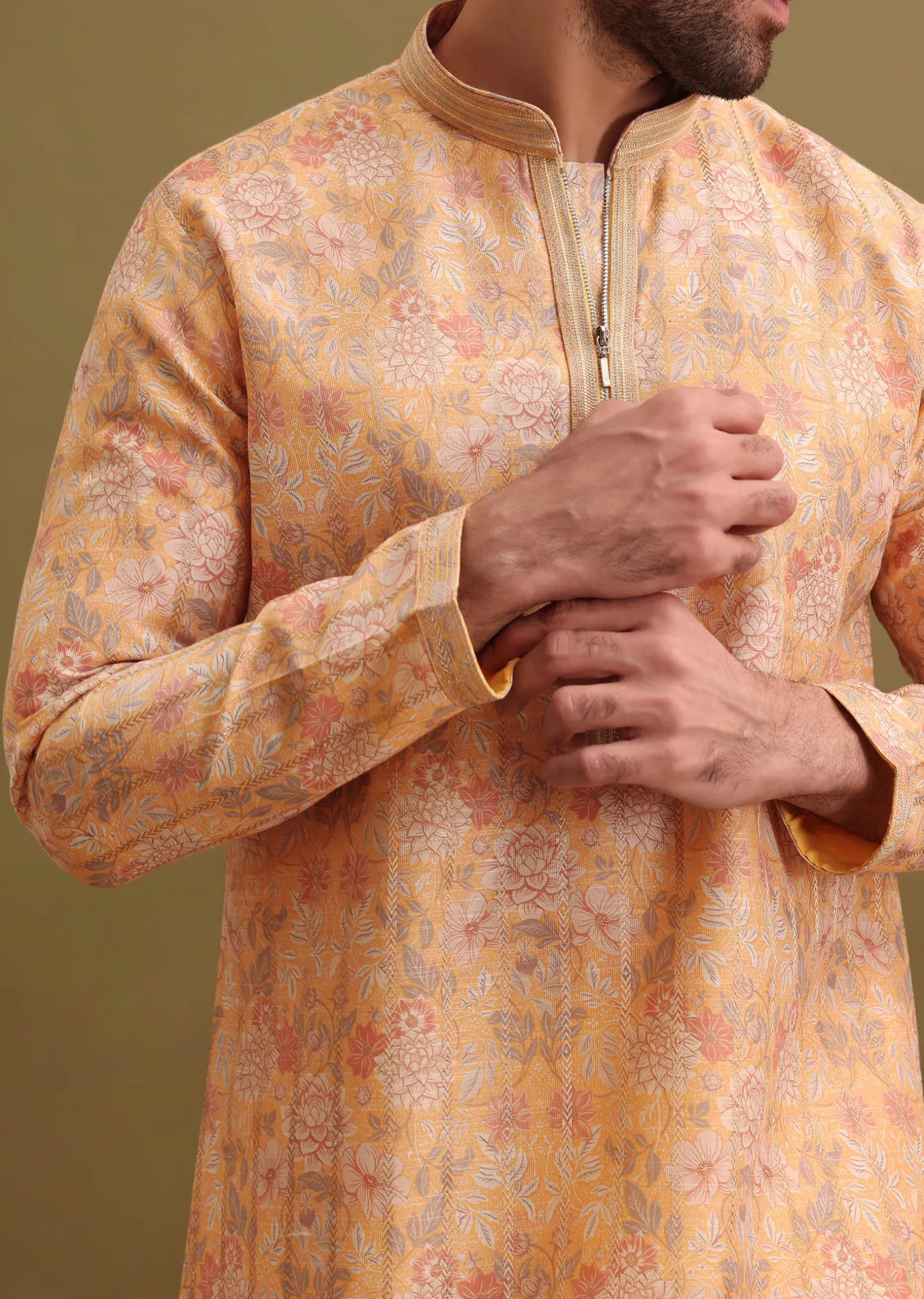 Yellow Printed Silk Zipper Kurta Set For Men