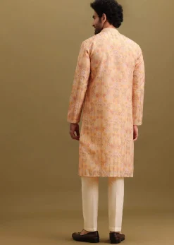 Yellow Printed Silk Zipper Kurta Set For Men