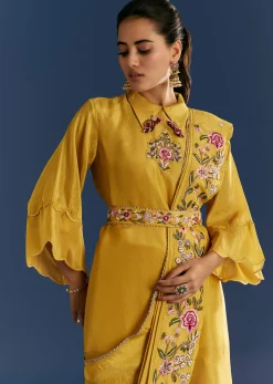 Yellow Resham Embroidered Kurta Dhoti Set With Draped Dupatta And Belt