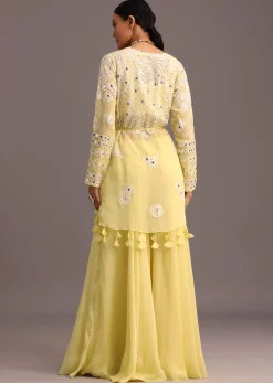 Yellow Resham Work Jacket And Croptop Palazzo Set