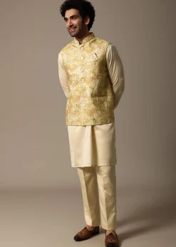 Yellow Resham Work Kurta Jacket Set For Men